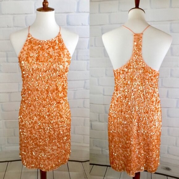 HALSTON HERITAGE Peach Orange Sequin Miini Dress, Size 0 - Picture 2 of 5